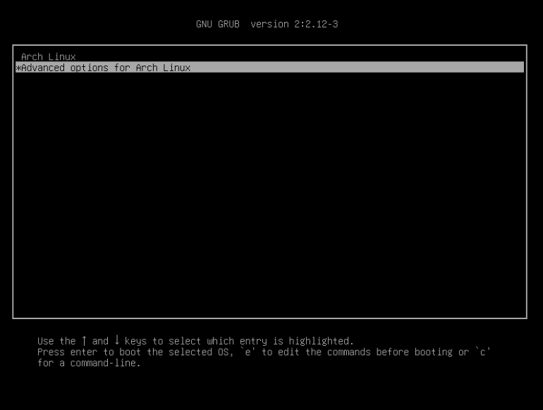 A screenshot of the GRUB boot menu selecting the "Advanced options for Arch Linux" item.
