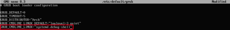 A terminal highlighting the modified GRUB config file for the Systemd Debug Mode.