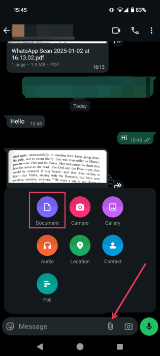 Tapping the "Document" option in WhatsApp for Android.