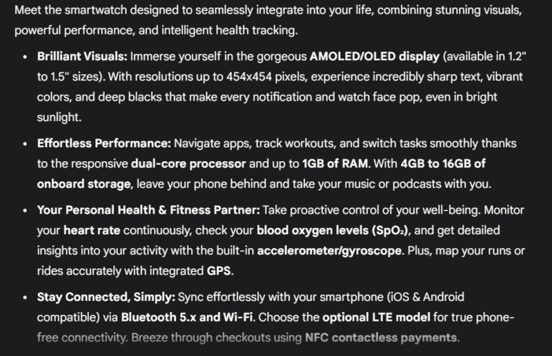 Gemini providing a full product description of a smartwatch