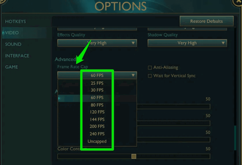 FPS menu in video game settings