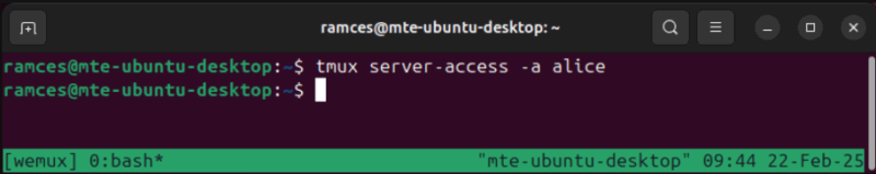 A terminal showing the Tmux command to allow for guest access on Wemux.