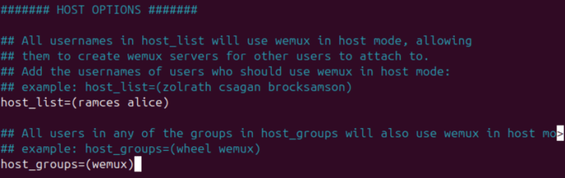 A terminal showing the group-specific permissions for editing privileges in Wemux.