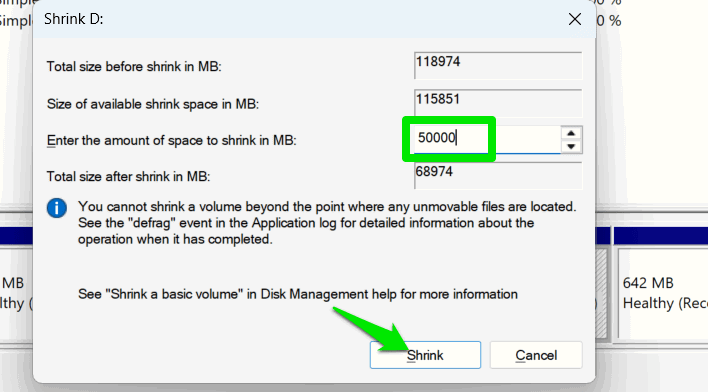 Shrinking volume in Windows disk management