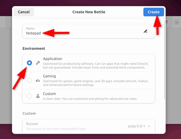Specifying Information Of New Bottles for creating Windows application environment.