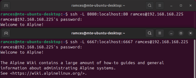 A couple of terminals showing two SSH tunnels running on the same system.