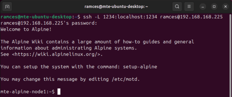 A terminal showing the command to create a single SSH tunnel in Ubuntu Linux.