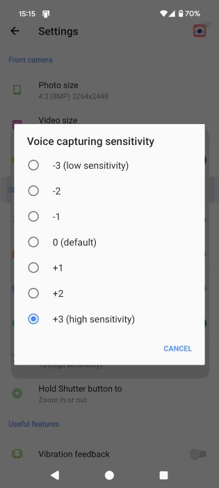 Voice capturing sensitivity options in Fast Snap app.