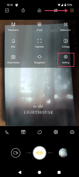 Tapping on "Setting" option in Fast Snap app.