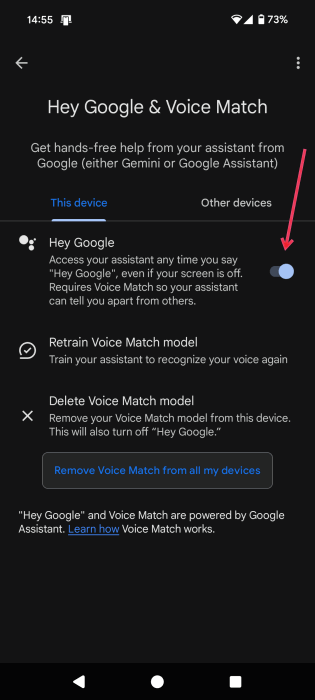 Checking if "Hey Google" toggle is on in Android Settings.