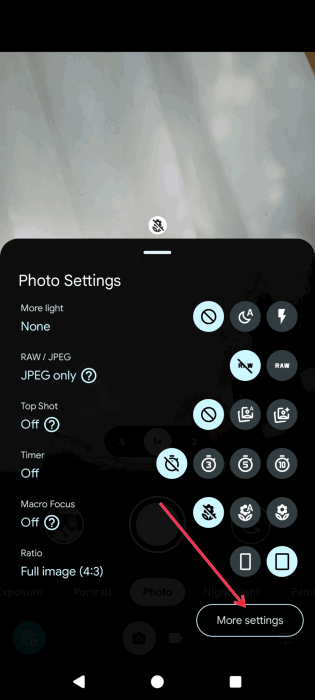 Tapping on "More Settings" button in Pixel camera app.