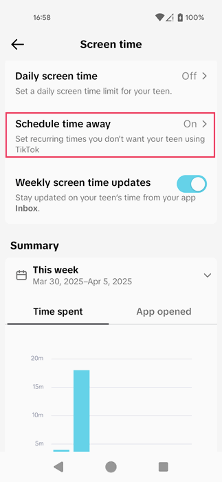 Activating "Schedule time away" option in TikTok app. 