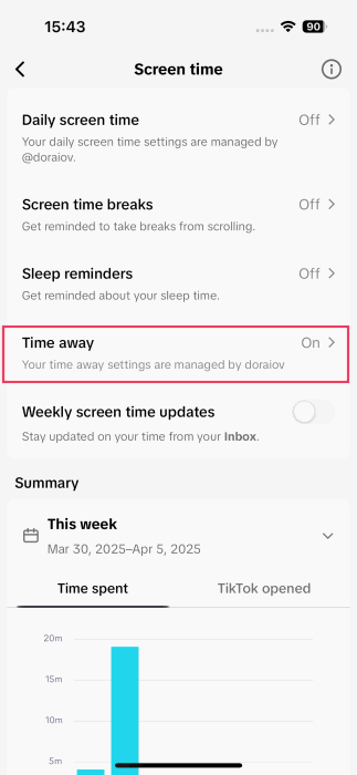 Tapping on "Time away" option in child TikTok account.