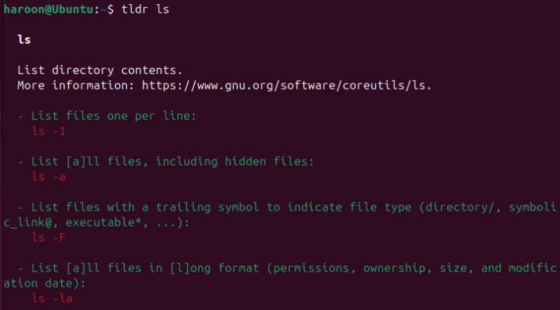 Viewing ls command information including its example using the tldr Command.