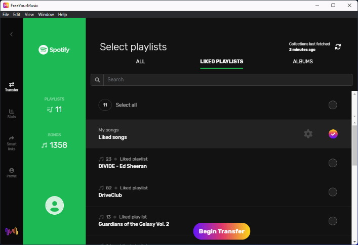 FreeYourMusic interface view with Sporify playlist lists generated.