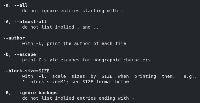A screenshot of the long-form options in Linux.
