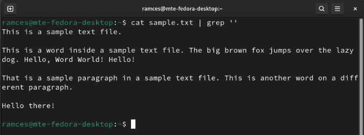 A terminal showing Grep printing the entire file when running without any arguments.