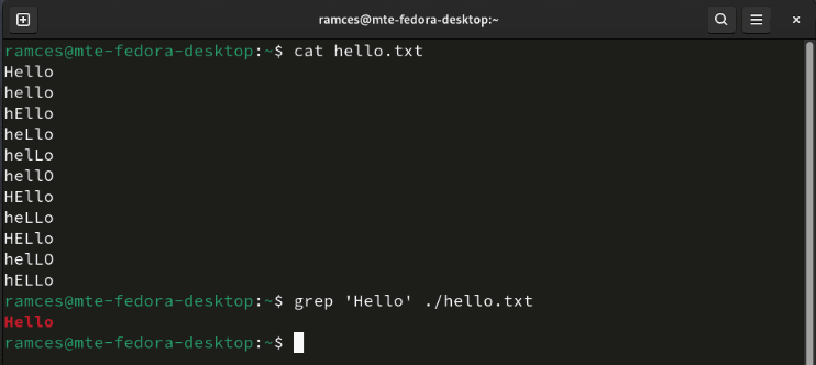 A terminal showing Grep's default case sensitive behavior.