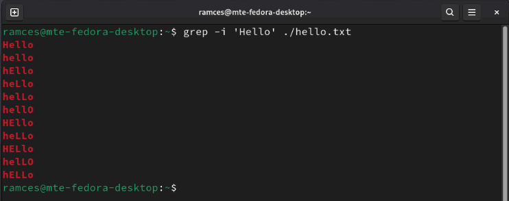 A terminal showing the -i flag disabling Grep's case sensitivity.