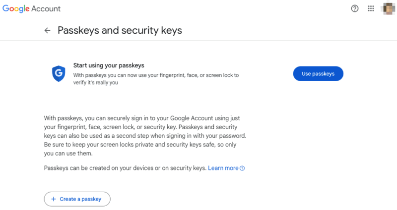 A screenshot showing the default screen for adding passkeys in a Google account.