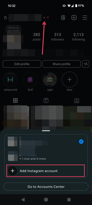 Selecting "Add Instagram account" option via Instagram profile page in mobile app. 