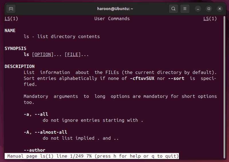 Viewing Ls Command Using Man Command