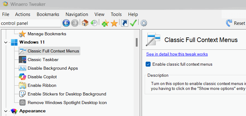 Winaero Tweaker showing Windows 11 tweaks
