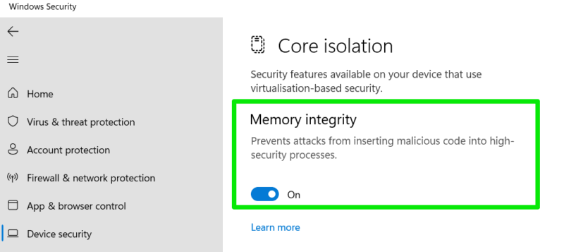 Enable core isolation in Windows 11