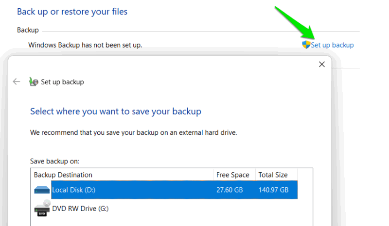Windows Backup And Restore function main interface