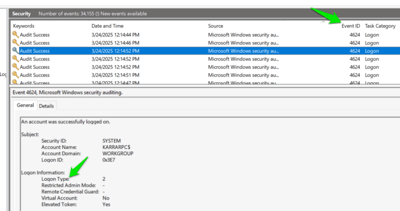 Windows Event Viewer showing event ID