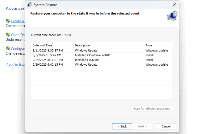 Windows System Restore wizard