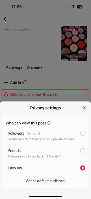 Changing privacy settings for post in TikTok app. 